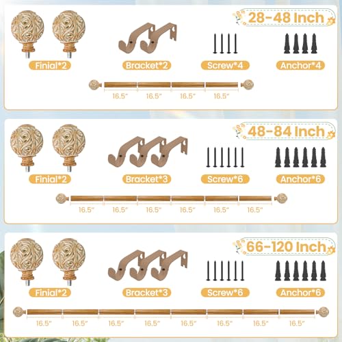 1 Inch Wood Curtain Rod For Windows 48 to 84 Inches, Heavy-Duty Adjustable Decorative Imitation Wood Grain Boho Curtain Rod With Rattan Leaf Hollow Finials For Bedroom 、 Living Room and Famhouse