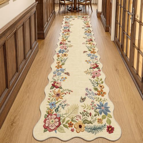 Fmfunctex 3x12 Hallway Runner Rug Washable Beige Floral Vintage Scalloped
