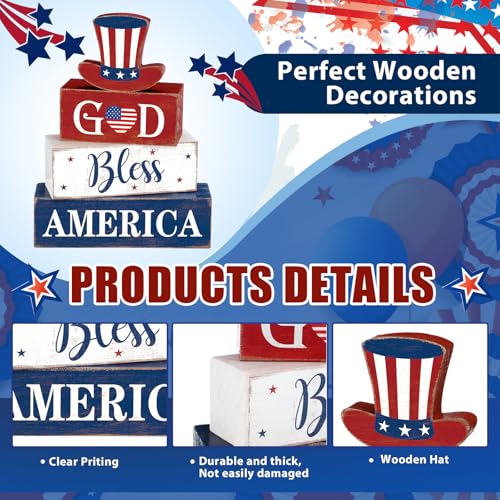 Moucuny 4 Pcs 4th of July Decorations Patriotic Memorial Day Table Decorations God Bless America Red White Blue Table Centerpieces Sign for Office Home Shelf 250th Anniversary