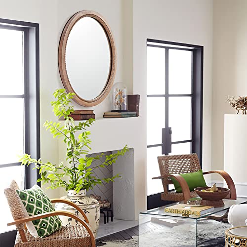 sawsile Round Wood Mirror,24 inch Circle Rustic Farmhouse Natural Wooden Frame Boho Beads Wall Mirror for Bathroom,Living Room,Bedroom or Entryway