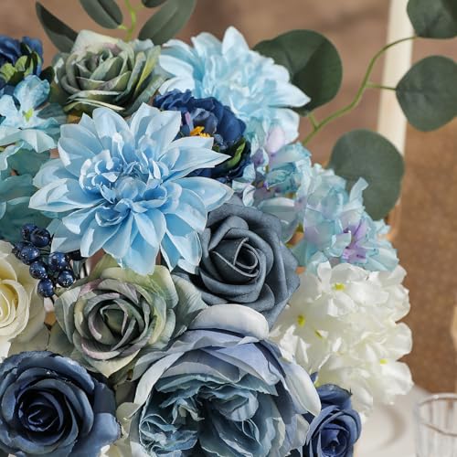 Garisey Artificial Flowers Combo Box Set Dusty Blue Flowers for DIY Wedding Bouquet Arrangements Bridal Shower Party Home Decorations(White Blue Rose)