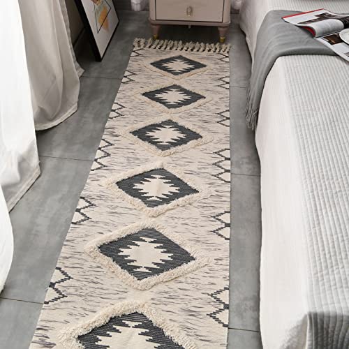 Boho Runner Rug 2'x6', Washable Hallway Rug Runner Non Slip Rubber Backed, Kitchen Farmhouse Area Rug Floor Mat with Tassels, Tufted Woven Cotton Entryway Carpet, Grey