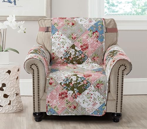 Brilliant Sunshine Peach and Olive Flowers Couch Armchair Cover, Patchwork Design, Sofa Cover for Dogs, Slip Resistant Furniture Protector with Strap, Washable Slipcover for Kids and Pets (23" seat)