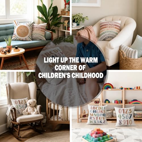 Kids Playroom Decor,Boho Sun Alphabet Throw Pillow Covers,Kids Reading Nook Decor Pillowcase for Classroom Playroom Nursery,18x18 Inch Pillowcase Set of 4