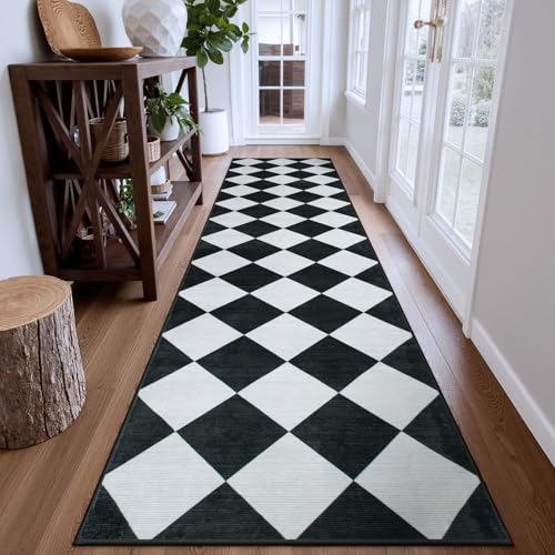 Checkered Print Washable Rug Runners for Hallways Non Slip 2.5x10, Ultra Thin Black Kitchen Runner Stain Resistant Hallway Runner Rug 10 ft, Checkerboard Carpet for Bathroom Entryway Decor