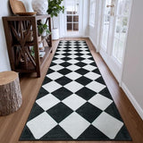 Checkered Print Washable Rug Runners for Hallways Non Slip 2.5x10, Ultra Thin Black Kitchen Runner Stain Resistant Hallway Runner Rug 10 ft, Checkerboard Carpet for Bathroom Entryway Decor