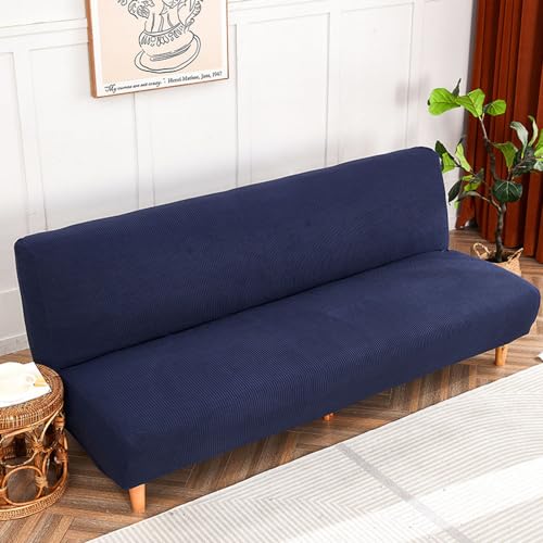 Hixingo Stretch Armless Futon Cover, Futon Mattress Cover Soft Futon Covers with Elastic Bottom, Retro Solid Color Futon Slipcovers Washable Futon Couch Cover (Large (75-83"),Navy Blue)