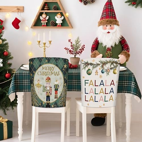 Christmas Chair Covers Set of 6 Green Nutcracker Christmas Tree Chair Back Covers Holiday Dining Chair Slipcovers Protector Kitchen Dining Room Decor Festival Party Decoration