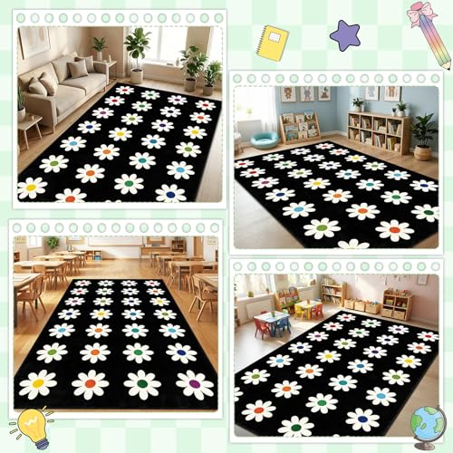 7.6x12 ft Large Daisies on Black Classroom Rug Daisy Educational Area Mat Daisy Flowers Multicolor Play Carpet Educational Classroom Learning Mat for Preschool Playroom Elementary Kindergarten(Black)