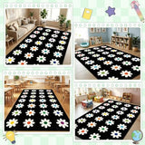 7.6x12 ft Large Daisies on Black Classroom Rug Daisy Educational Area Mat Daisy Flowers Multicolor Play Carpet Educational Classroom Learning Mat for Preschool Playroom Elementary Kindergarten(Black)
