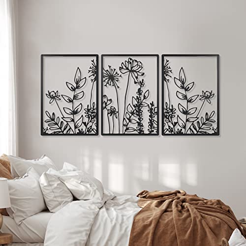 Therwen 3 Pcs Black Metal Wall Art Minimalist Wall Decor for Bedroom Flowers Decor Hanging Flower Bathroom Art Flower Line Sculpture Kitchen Decoration 16.5 x 9.8 Inch(Cute Style)