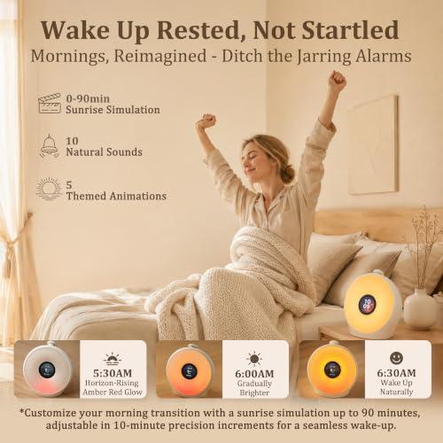 Sunrise Alarm Clock with 3 Unique Wake Up Modes for Every Sleeper, Sound Machine Night Light with 10 Natural White Noise Sounds and 8 Dimmable Ambient Mood Lighting for Bedrooms, Adults, Kids