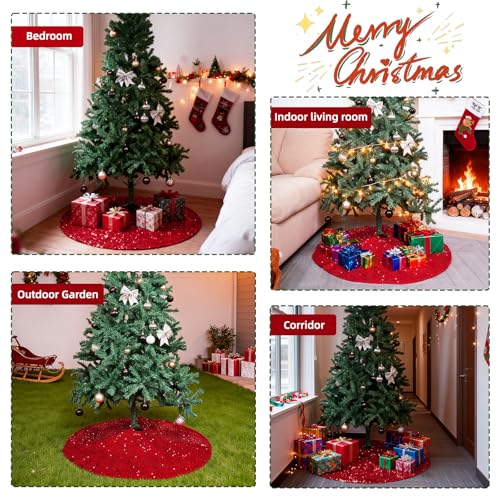 Christmas Tree Skirt 48 Inch, Red Sequin Christmas Trees Skirt, Large Sparkle Xmas Tree Stand Base Used for Christmas Holiday Indoor Home Decoration