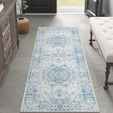 jinchan 2x6 Runner Vintage Floral Washable Area Rug, Blue/White