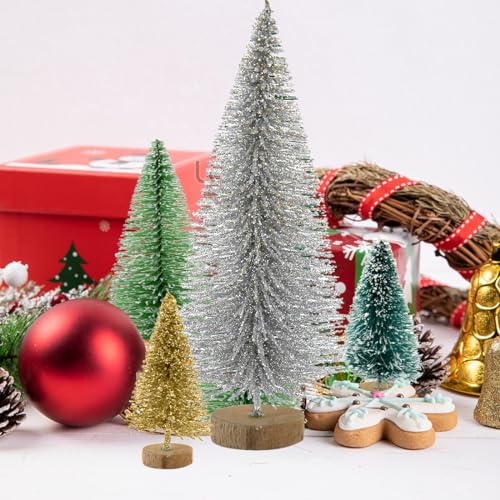 30PCS Bottle Brush Christmas Trees Mini Bottle Brush Trees with Wood Base Tabletop Small Christmas Village Tree, Xmas Holiday Decor
