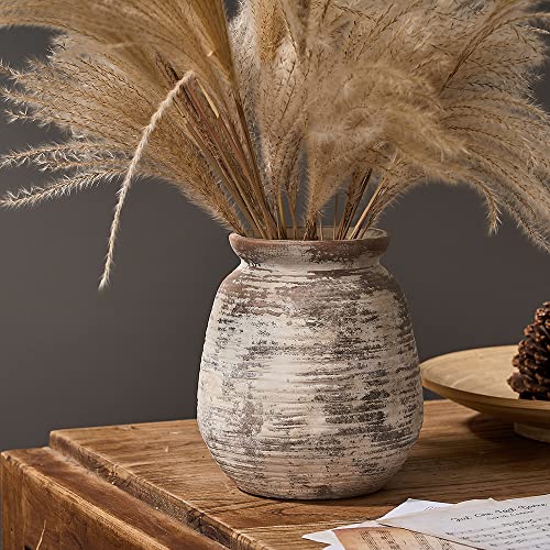 SIDUCAL Ceramic Rustic Vase, Whitewashed Terra Cotta Vase, Distressed Farmhouse Décor, Pottery Decorative Flower for Home Decor, Table, Living Room Decor, Shelf, Mantel, 7.3 Inch, Fired Terra Clay