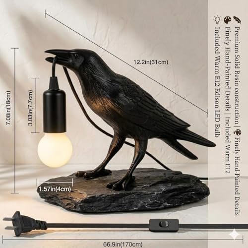 Raven Lamp Gothic Decor, Black Crow Table Lamp with LED Bulb, Unique Dark Aesthetic Night Light for Bedroom Desk, Halloween Home Decoration Gift