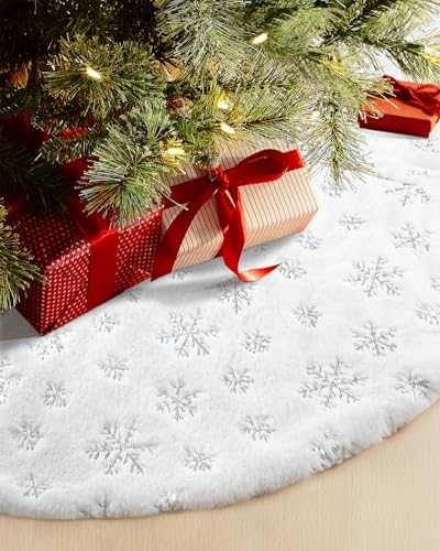 COOLWUFAN 48 Inches Faux Fur Christmas Tree Skirt for Xmas Tree Holiday Party Decorations White Plush Silver Sequin Snowflake (Silver)