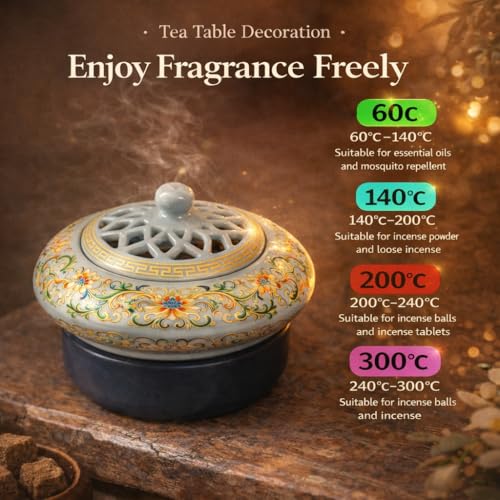Ceramic Holder Electric Incense Burner Enamel Entwined Lotus Simulate Flames, Classical, Elegant and High-end Hollow Design