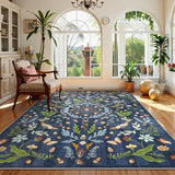 Lahome Washable Insect Botanical 8x10 Area Rugs for Living Room - Machine Washable Non-Slip Navy Blue Nursery Rug, Boho Low Profile Soft Faux Wool Carpet for Bedroom Laundry Playroom Dining Room