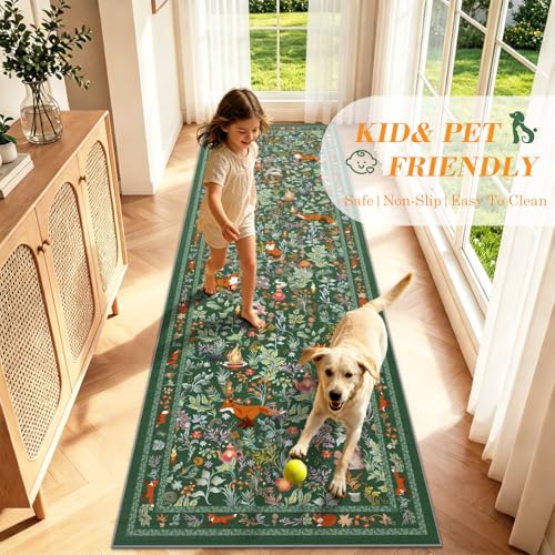 nesrt Fox Runner Rugs for Hallway 3x10ft Non Slip, Washable Long Animal Print Kitchen Rug, Soft Jungle Woodland Runners, Fantasy Floor Carpet for Entryway Doorway Home Decor (Green)