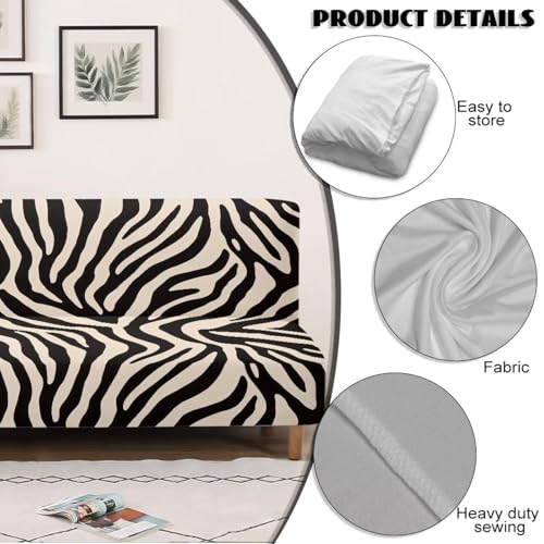 Zebra Print Beige Black Soft Futon Covers Armless Sofa Bed Slipcover with Elastic Bottom Wear Resistant Furniture Protector Stretch Washable Couch Cover for Futon