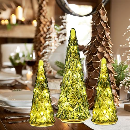 Christmas Decorations Indoor, YEAHOME Set of 3 Pre-lit Green Glass Christmas Tree for Home Decor, Christmas Table Decorations Lighted Xmas Tree with Timer for Living Room Mantel Tabletop Party