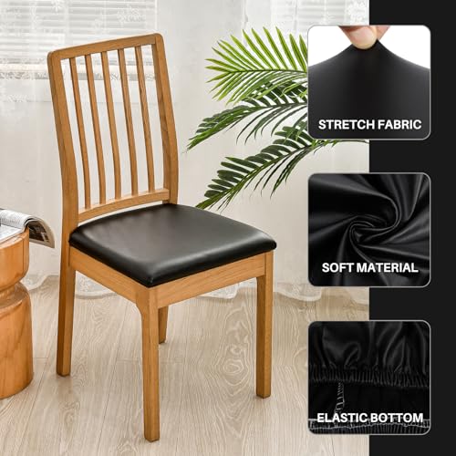 SearchI Waterproof PU Leather Seat Covers for Dining Chairs, 4 Pack Stretch Dining Room Chair Seat Covers, Kitchen Chair Seat Covers Protectors (Black)