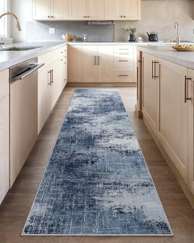 AMADA 2'6"x10' Modern Abstract Washable Area Rug for Entryway Dark Blue