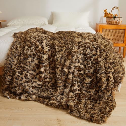 XeGe Luxury Faux Fur Leopard Print Blanket, Soft Cheetah Patterned Fluffy Bed Blanket, Shaggy Plush Decorative Couch Throw, Cute Furry Animal Print Fuzzy Throw for Sofa Bed Couch, Brown, 60x80