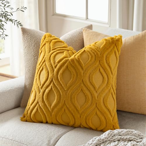 MIULEE Summer Mustard Yellow Throw Pillow Covers 18x18 Inch, Soft Plush Faux Wool Solid Couch Pillows Set of 2, Decorative Farmhouse Boho Cushion Covers for Sofa Living Room Bed Home Decor