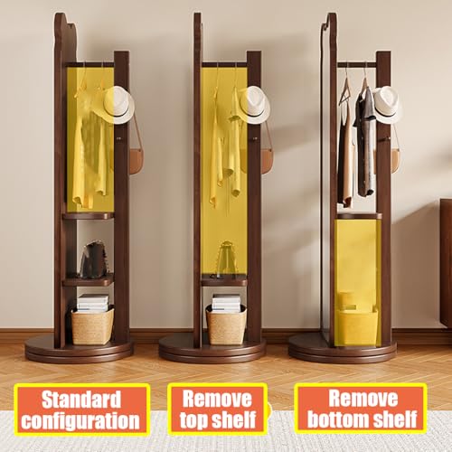Bear-Shaped Full-Length Floor Mirror with Coat Rack & Storage Shelf, 36x166cm, 360° Rotating, Durable Thickened Solid Wood (Walnut) - Cute Home Decor Accent