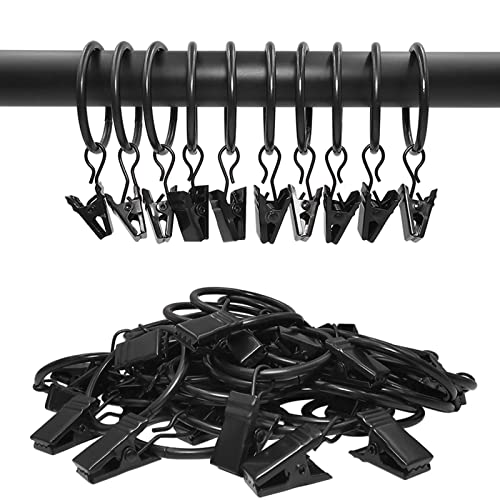 40 Pack Curtain Rings with Clips, Drapery Clips with Rings, Drapes Rings 1.26 in Interior Diameter, Fits up to 1 in Curtain Rod, Black