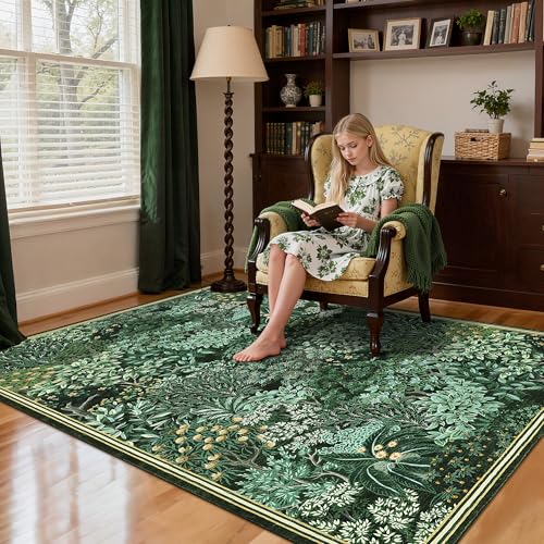 GarveeHome Forest Rugs 5x7, Green Washable Area Rugs for Living Room 5x7, Botanical Low Pile Non Slip Stain Resistance Woodland Rug for Farmhouse, Bedroom, Dining Room