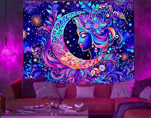 TUGCAY Blacklight Moon and Star Tapestry, UV Reactive Elegant Goddess Mandala Moon Sun Tapestry Starry Night Tapestries Wall Hanging for Bedroom Dorm Decor(51.2 x 59.1 Inches)