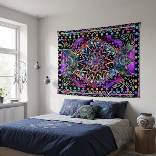 Blacklight Sun and Moon Tapestry Glow in The Dark Neon Hippie Bohemian Tapestries for Bedroom Aesthetic UV Reactive Purple Celestial Tie Dye Tapestry Wall Hanging for Living Room Dorm (40'' × 30'')