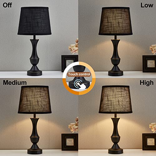 Black Touch Table Lamps Set of 2, 22" Tall Bedside Lamps with USB C+A Charging Ports, Nightstand Lamps for for Bedroom, Living Room, Office, with Black Lampshade, LED Bulb Included