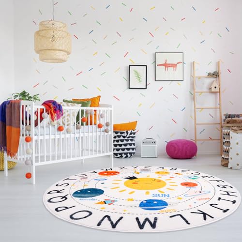 Round ABC Space Kids Rugs,4 ft Non-Slip Solar System Alphabet Rugs, Washable Rug, Soft Plush Educational Circle Rug for Classroom playroom Bedroom Kids Room Decor(for Age 2+)