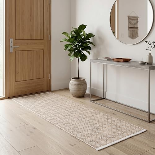 Cotton Diamond Woven Runner Rug 2x6 Feet - Beige, Non Slip Super Soft Farmhouse Space Patio Throw Carpet Ideal for Hallways, Kitchen, Living Room | Neutral Large Bedroom Area Décor Floor Décor Mats