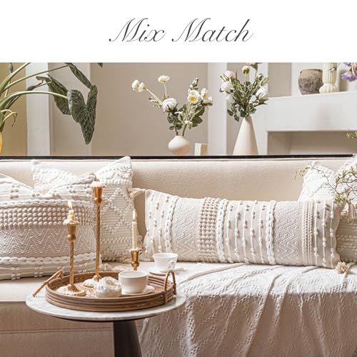 BlissBlush Cream Decorative Lumbar Throw Pillow Cover 14x36 Boho Long Cushion for Bed Neutral Beige White Accent Modern Farmhouse Pillowcase for Bedroom Living Room Couch Sofa Home Décor Cover ONLY