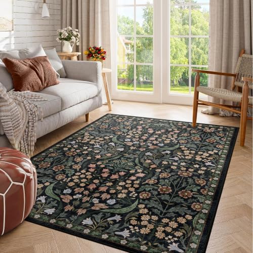 3x5 Washable Area Rug Black Boho Floral for Bedroom Entryway Office Porch