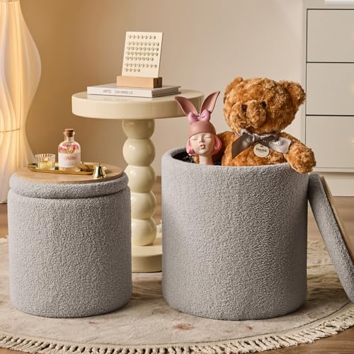 Round Ottoman with Storage Set of 2 Gray Sherpa Vanity Stool