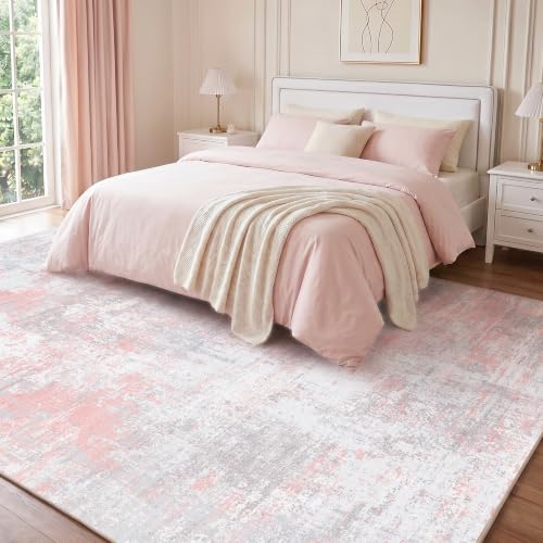 Fixwal Washable 8x10 Area Rug for Bedroom, Non-Slip, Gray/Pink