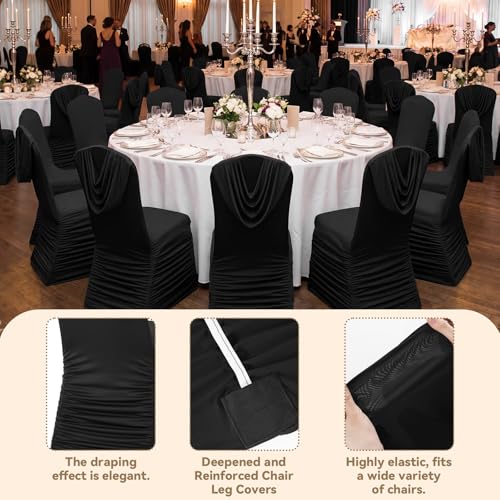 Fanfanwin 4 Pcs Black Chair Covers Ruched Swag Back Stretch Spandex Fitted Banquet Chair Covers with Foot Pockets for Wedding & Event Decor