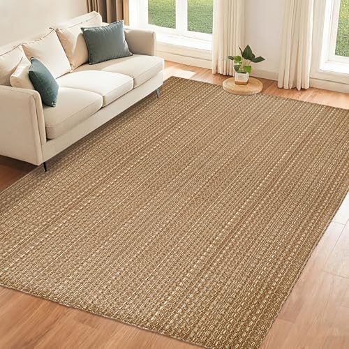 Tan Brown Boho Faux Jute Area Rug 6x9 ft,Braided Solid Non Slip Rug