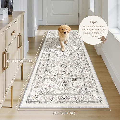 LOKHOM Washable Runner Rug, 2x6 Non-Slip Vintage Kitchen Rug with Rubber Backing, Boho Floral Soft Faux Wool Hallway Runner Rug Carpet Runner for Laundry Entryway Bedroom (Cream White)
