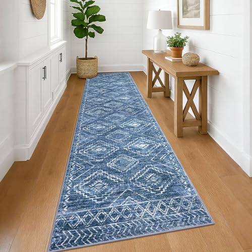 Washable Runner Rug 3x12 ft Runner for Hallway, Stonewashed Blue