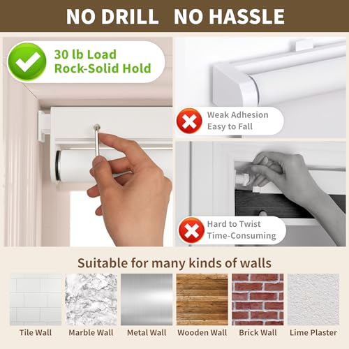 HESTIA No Drill Cordless Blackout Roller Shades Screwless Waterproof Shower Window Blinds, Auto-Retraction Easy Install Blind for Bathroom/Kitchen/Office/Exterior, White, 22" W x 54" H
