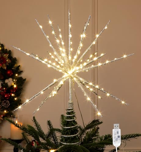 15 Inch Christmas Tree Star Topper with 150 LED Timer Lights & Remote, 19-Point USB Powered Lighted Silver Starburst Star Tree Topper for Indoor Holiday Party Xmas Tree Decor