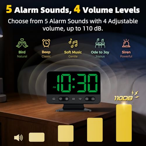 AuroraCalm Digital Alarm Clock with Large Numbers for Bedrooms: Bold Display Readable Across The Room with 5 Level Brightness - 5 Alarm Sounds 8 Night Lights for Kids Seniors Teens - Green
